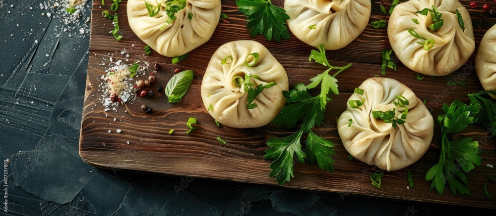 Poster a popular georgian dish meat khinkali is displayed uncooked on a cutting board with ample copy space