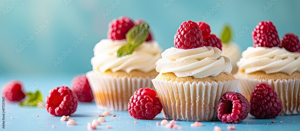 Poster vanilla cupcakes topped with raspberries on a blue background with copy space image