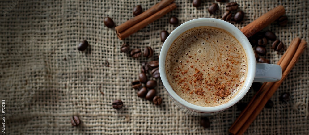 Poster Top view of a cup of coffee decorated with beans and cinnamon on a canvas background with copy space image