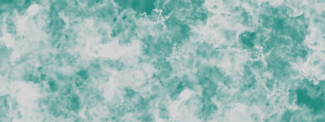 Abstract blue green sky with clouds background design. Hand painted vintage mint and white sky and cloudy background. Blue and green marble texture.