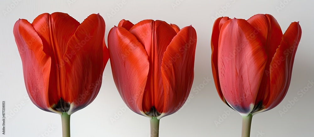 Fototapete Three vibrant red tulips set against a white backdrop with space for text centered on the middle tulip. with copy space image. Place for adding text or design