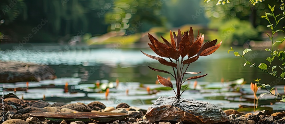 Aufkleber garden art featuring a weathered metal plant in a scenic setting with a serene lake in the backgroun