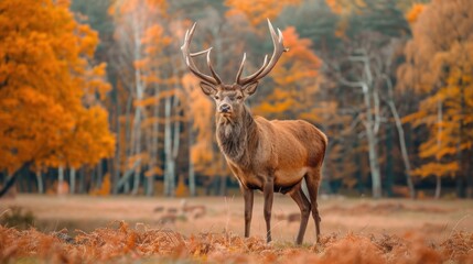 Nature wildlife scene with majestic brown deer in forest wild animals portrait in wilderness beautiful male stag with antlers standing alert in autumn ... 