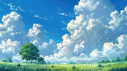 Fototapeta premium Anime style illustration: dramatic sky with clouds, landscape scene with green meadow and grass. ai generated