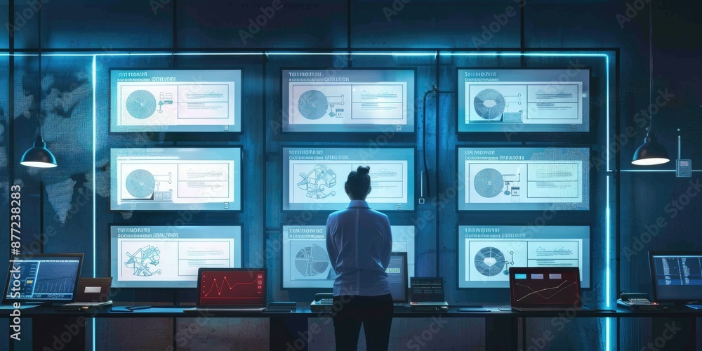 Poster futuristic cybersecurity command center featuring multiple screens, data analytics, and world map in