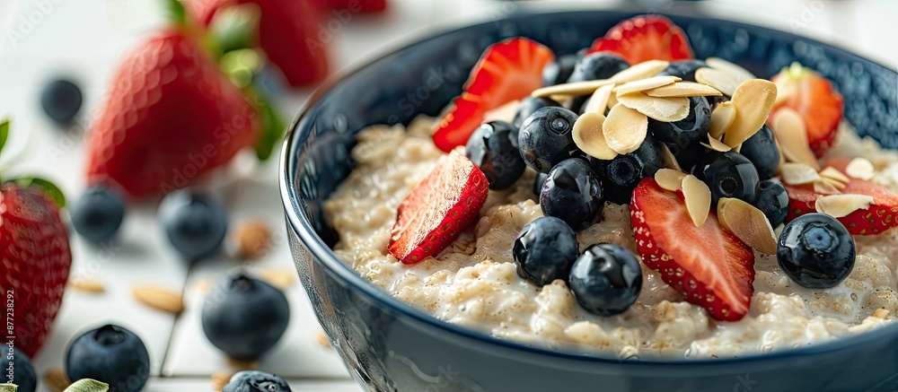 Leinwandbilder a delicious bowl of oatmeal topped with strawberries blueberries and almond petals on a white tiled 
