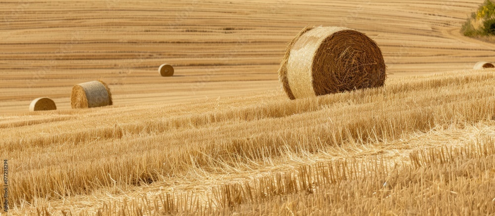 Poster a stubble field with straw bales after the harvest perfect for a copy space image