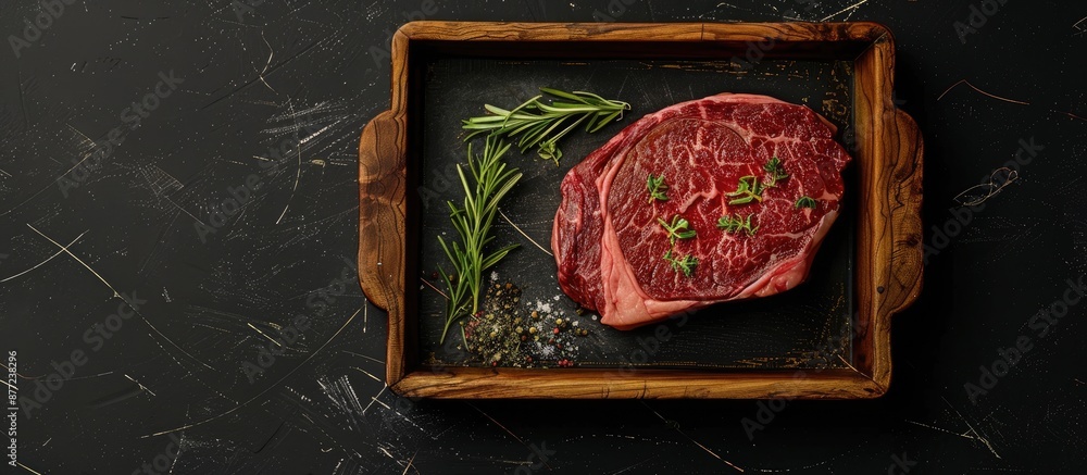 Leinwandbilder prime rib eye beef steak presented in a wooden tray with herbs on a black backdrop from above creati