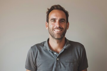 Fototapeta premium Portrait of a happy caucasian man in his 30s donning a classy polo shirt over minimalist or empty room background