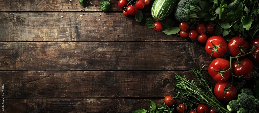 Aufkleber An assortment of fresh vegetables displayed on a rustic wooden surface creates a wholesome organic nutrition setting viewed from above with a blank area for text or images. with copy space image