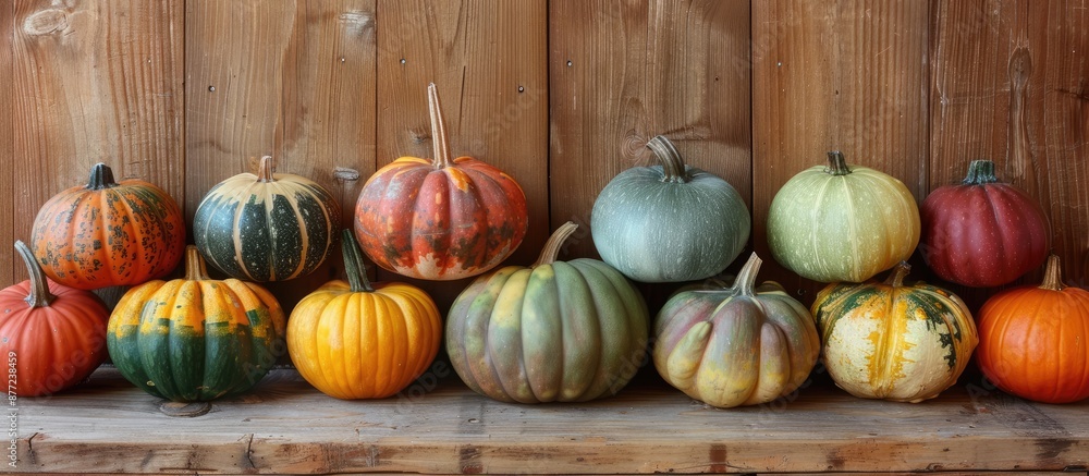 Poster Pumpkins in various colors placed on the border of a wooden table set against a backdrop providing room for a text placement copy space image