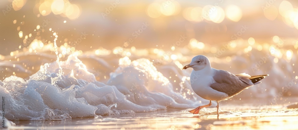 Aufkleber a seagull wading in the water backlit with waves and water sprays under its feet in a copy space ima