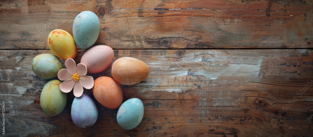 Poster rustic wooden table displaying a flower shaped arrangement of hand painted organic easter eggs perfe