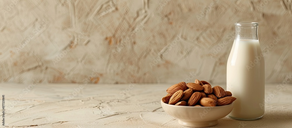 Aufkleber a bowl with almonds sits next to a glass bottle of almond milk on a table with a blank area for addi