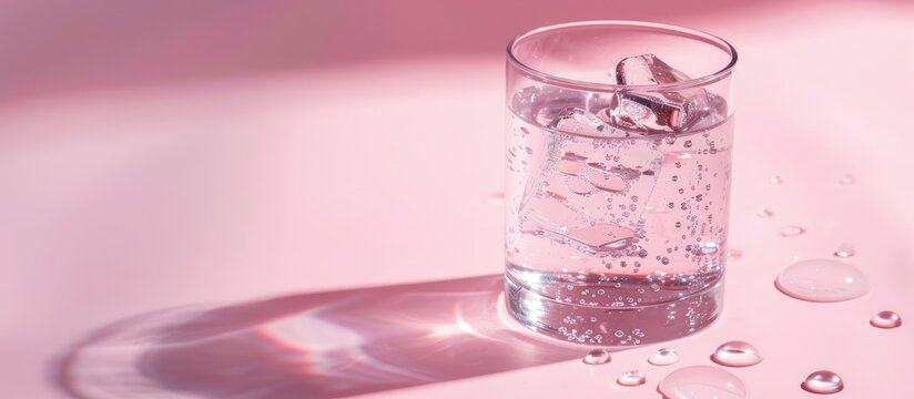 Minimalist aesthetic with a gray glass of mineral sparkling water featuring drops and bubbles on a pastel pink background ideal for copy space image