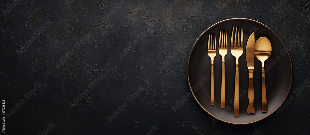 Poster elegant dining setup with golden silverware on a dark backdrop with copy space image