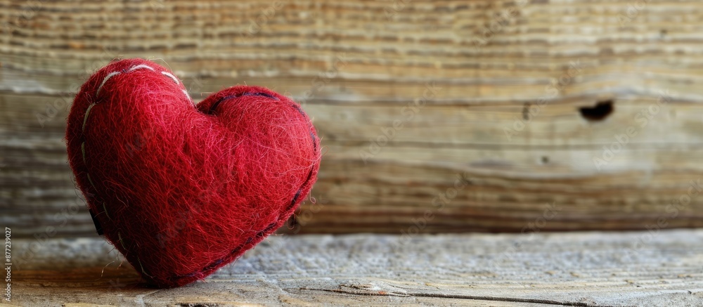 Aufkleber Handmade red heart crafted from felt resting on a wooden table creating a charming blank for greeting cards with ample copy space image