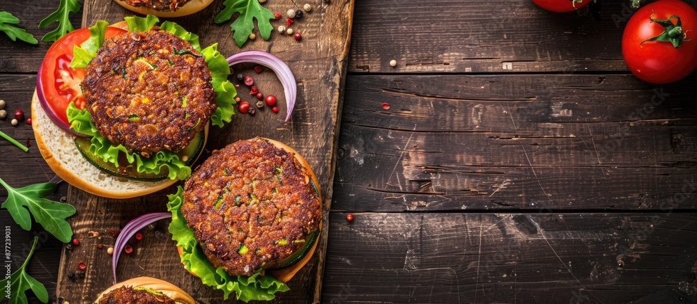 Poster a vegan zucchini burger and its components presented on a textured wooden surface with space for add