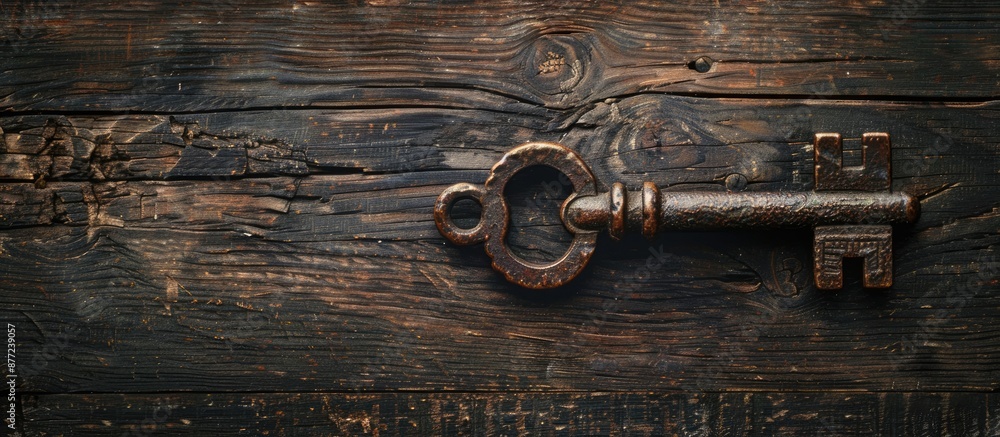 Poster ancient key resting on a rustic wooden table with copy space image available