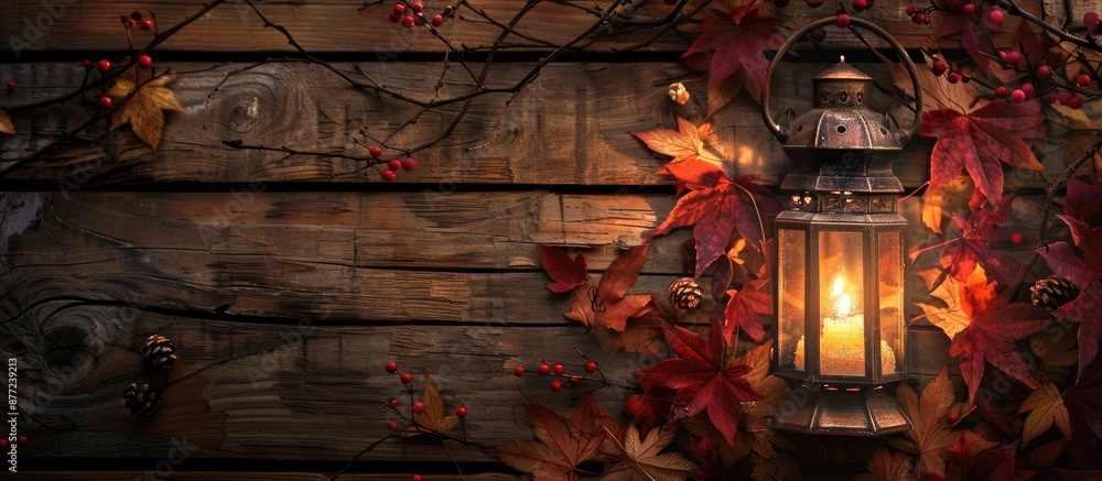 Poster Copy space image featuring a radiant lantern surrounded by fall leaves on a wooden backdrop