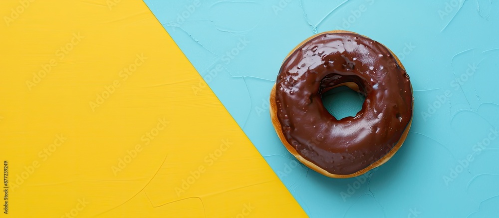 Poster copy space image featuring a chocolate donut placed on a blue and yellow background