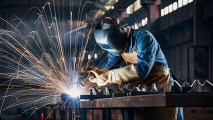 A man welding in a factory with sparks flying from his torch, AI