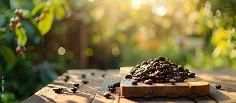 Poster selective focus on coffee beans arranged on a wooden board in a garden with natural lighting creatin