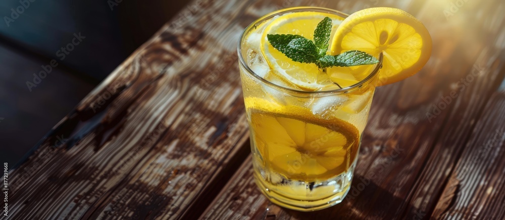 Poster selective focus on a cold refreshing glass of lemonade with a lemon slice mint and ice set on a dark