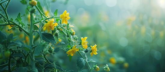 Early summer shows vibrant yellow tomato flowers blooming beautifully perfect for a copy space image