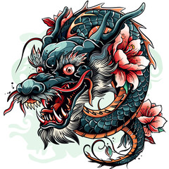 Dragon head with flowers. Chinese zodiac symbol. Vector illustration.