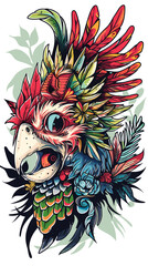 Vector illustration of a rooster head with feathers in the style of boho.