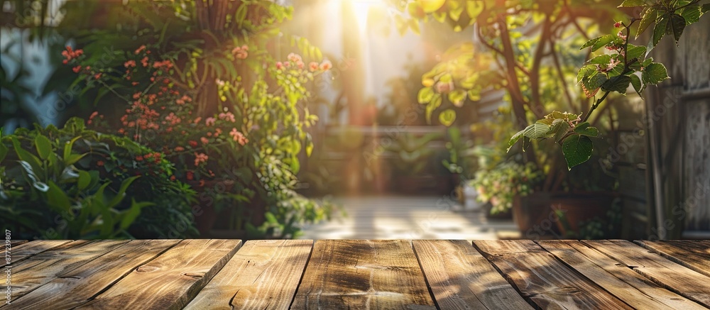 Poster blurry natural background with a table top featuring a copy space image