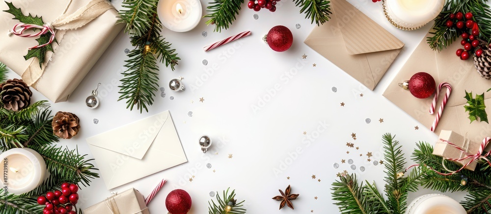 Aufkleber white background with a collection of items like envelopes a blank card a christmas wreath candles f
