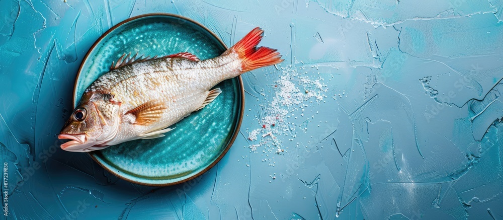 Poster top view of a whole raw organic sea perch on a blue dish with space for text or images. with copy sp