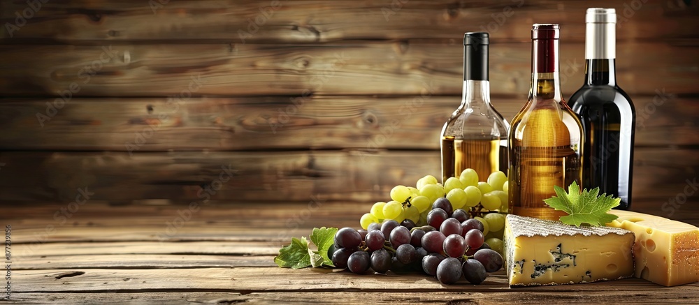 Poster wooden rustic background enhances wine bottles with grapes and cheese providing copy space image