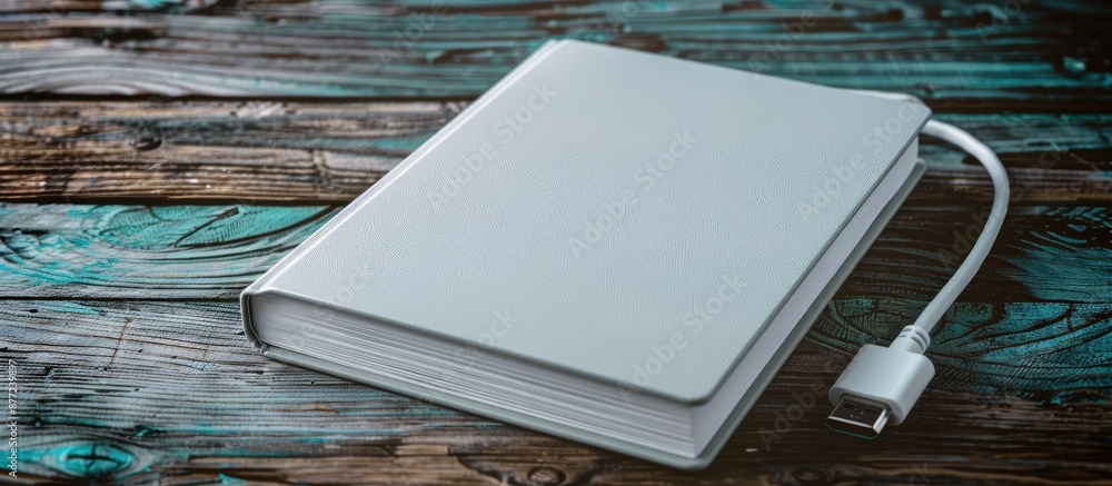 Poster book with an empty cover attached to a usb cable in the copy space image