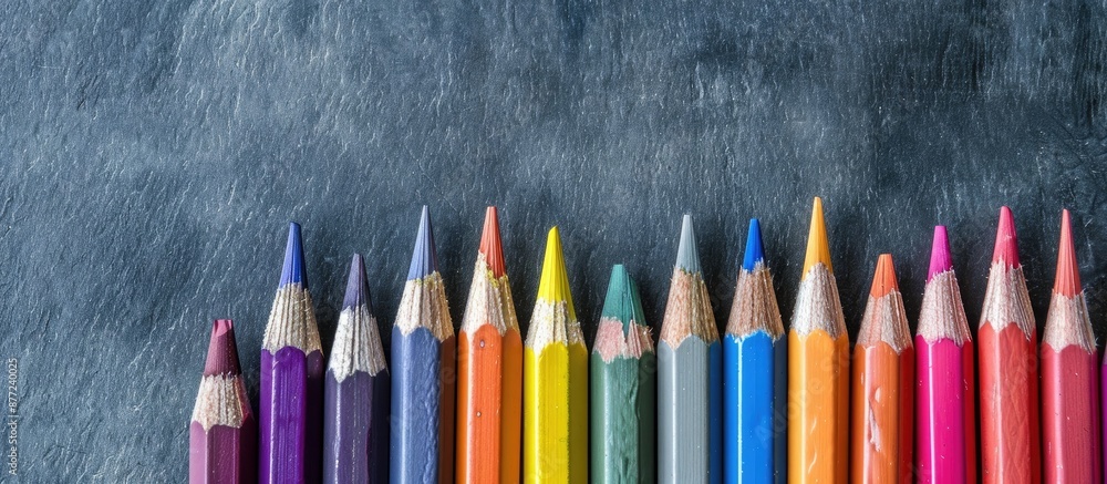 Poster vivid and crisp colored pencils stand out against a grey backdrop with ample copy space for your mes