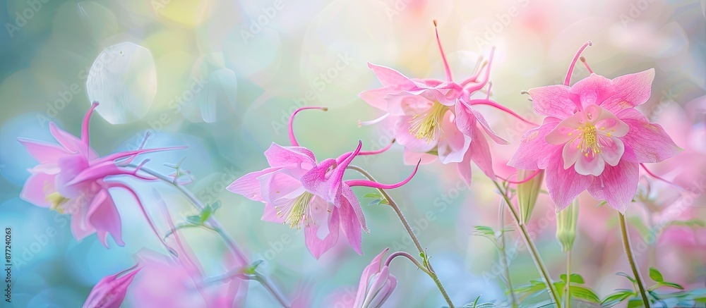 Poster Blurry close up photo of pink columbine flowers known as granny s bonnet in a garden setting with selective focus creating an artistic copy space image