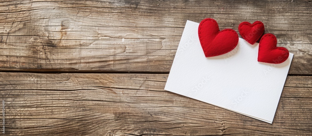 Aufkleber top view of a blank valentine s day greeting card with two red hearts on a wooden surface offering p
