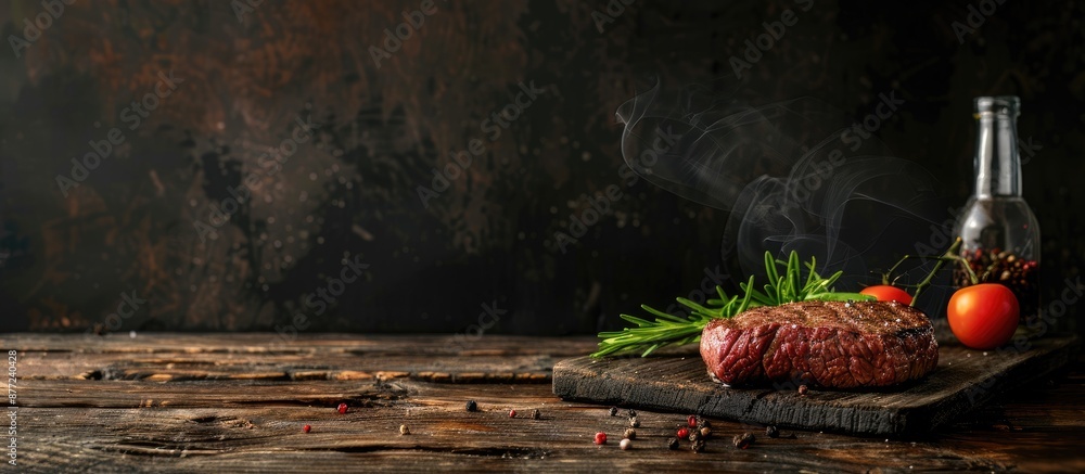 Aufkleber Beef steak displayed on a rustic table with a dark background providing ample copy space image