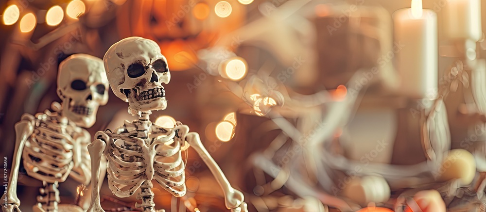 Poster beige backdrop adorned with skeletons and spooky halloween decorations providing a suitable copy spa