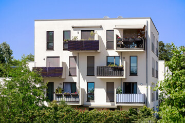 Modern Facade Building with Modern Balcony of Multifamily Low rise Apartment Building and Bridge between Houses. Residential Building Exterior Design of Modern Homes and Town houses. 