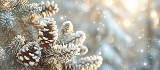 A festive Christmas greeting card featuring white pine cones and branches against a backlit backdrop with ample copy space for customization