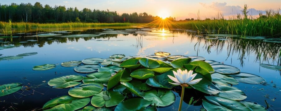 Wetland habitat with bird conservation programs, wildlife protection initiatives, sustainable practices