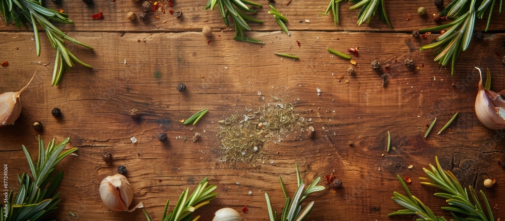 Poster rosemary arranged on a wooden surface with various spices surrounding it creating a visually appeali