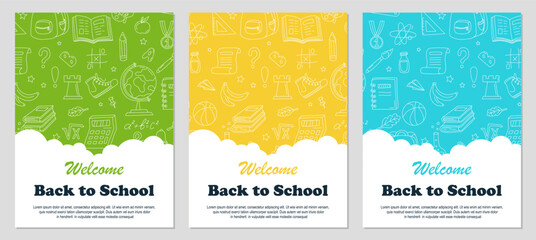 Back to school poster set. Back to School Social Media Template Collection with hand draw doodle background. Posters or covers set in trendy doodle style with school stationery, supplies