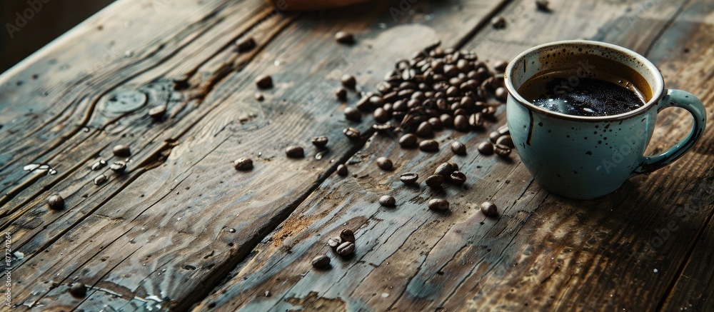 Fototapete an old kitchen table with a coffee cup beans and a vacant space for text or images. with copy space 