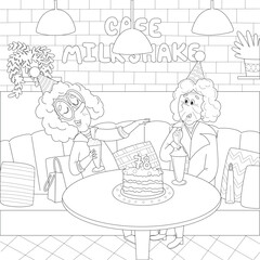 Coloring page with two grandmothers in a cafe, they are celebrating a birthday.