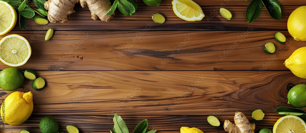 Aufkleber a wooden surface with fresh ginger lemon and lime seen from above providing an open space for additi