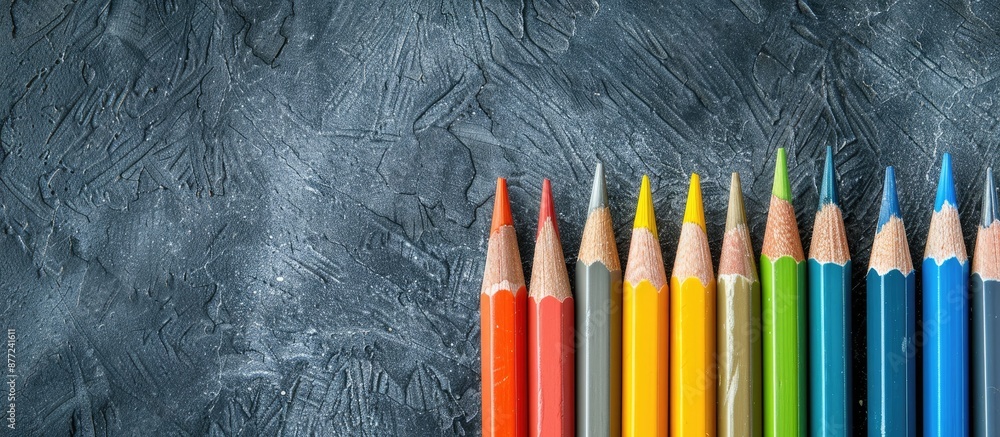 Poster colorful array of pencils set on a gray backdrop with versatile use in school office packaging and p